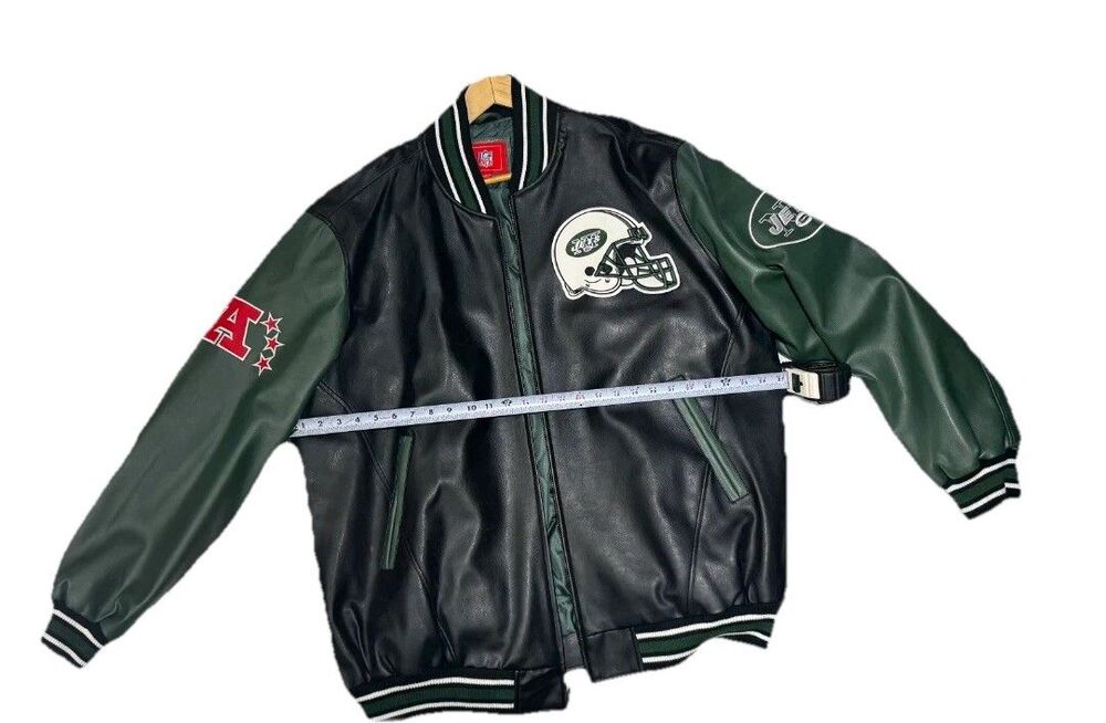 New York Jets NFL Faux Leather Varsity Letterman Jacket 2XL Green Black - Picture 2 of 4